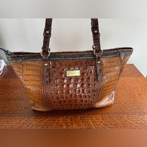 Brahmin Brown Melbourne Croc-Embossed Leather Tote with Teal Accent